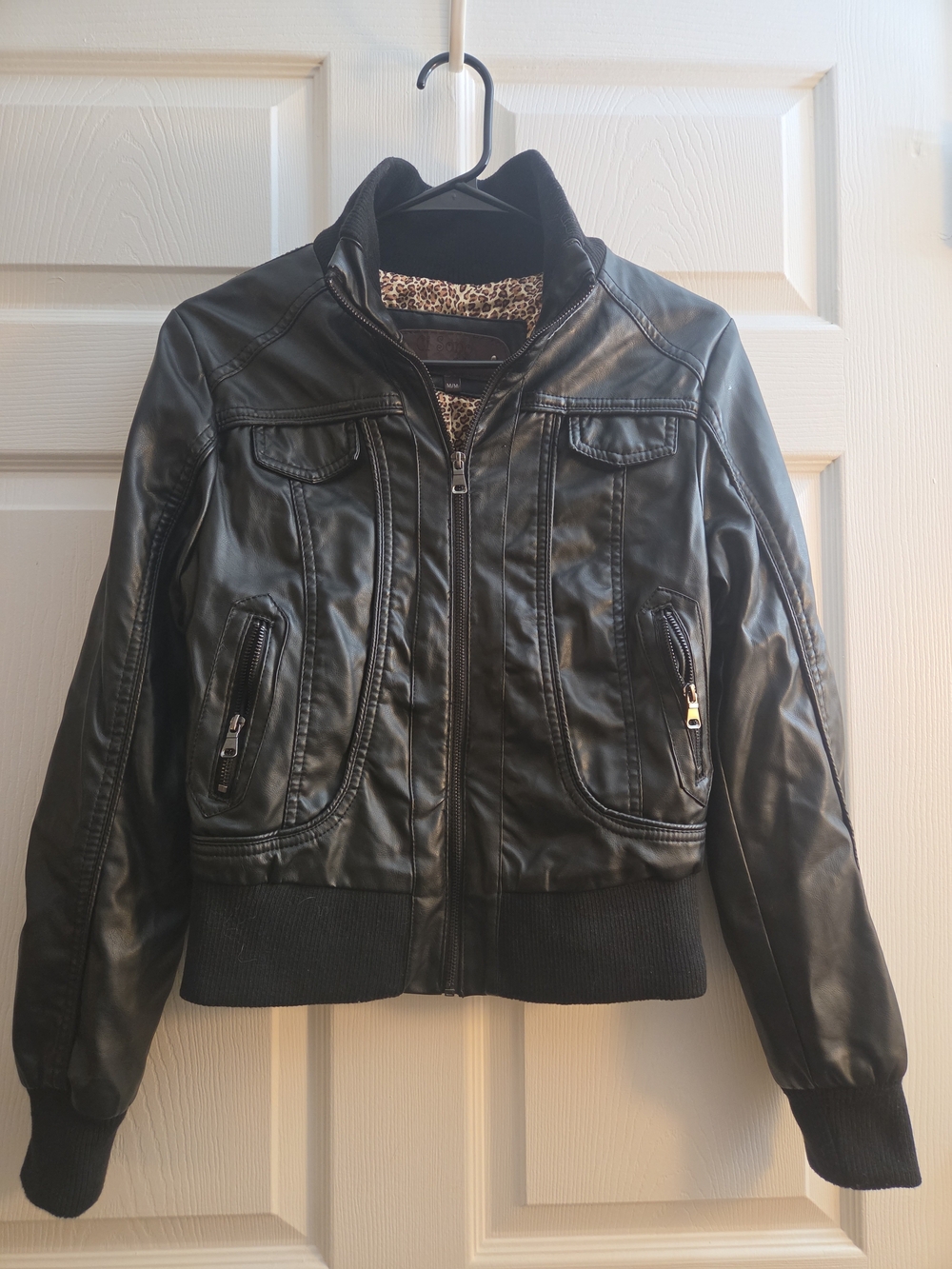 Ci Sono Black Faux Leather Bomber Jacket with Leopard Liner Accents